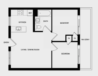 Floor plan for 2 beds, 1 bath, 600 sqft